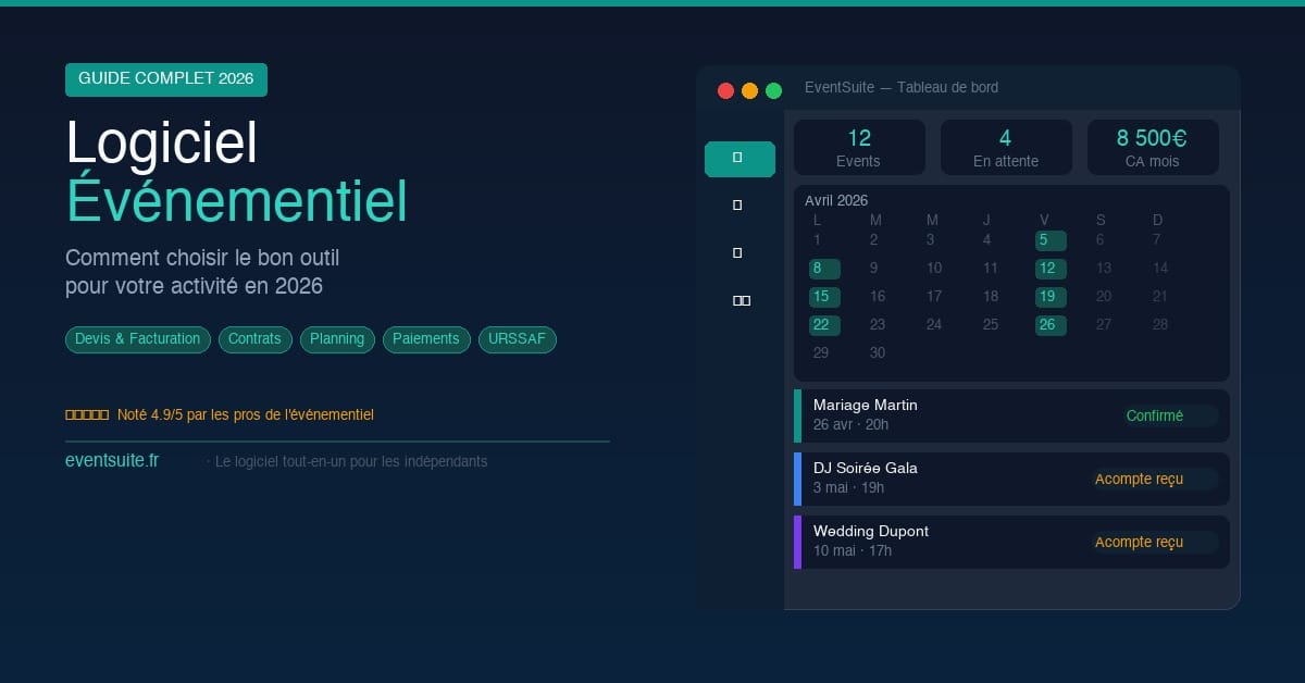 Logiciel événementiel 2026 — tableau de bord EventSuite avec calendrier, gestion des événements et suivi des paiements pour les professionnels indépendants