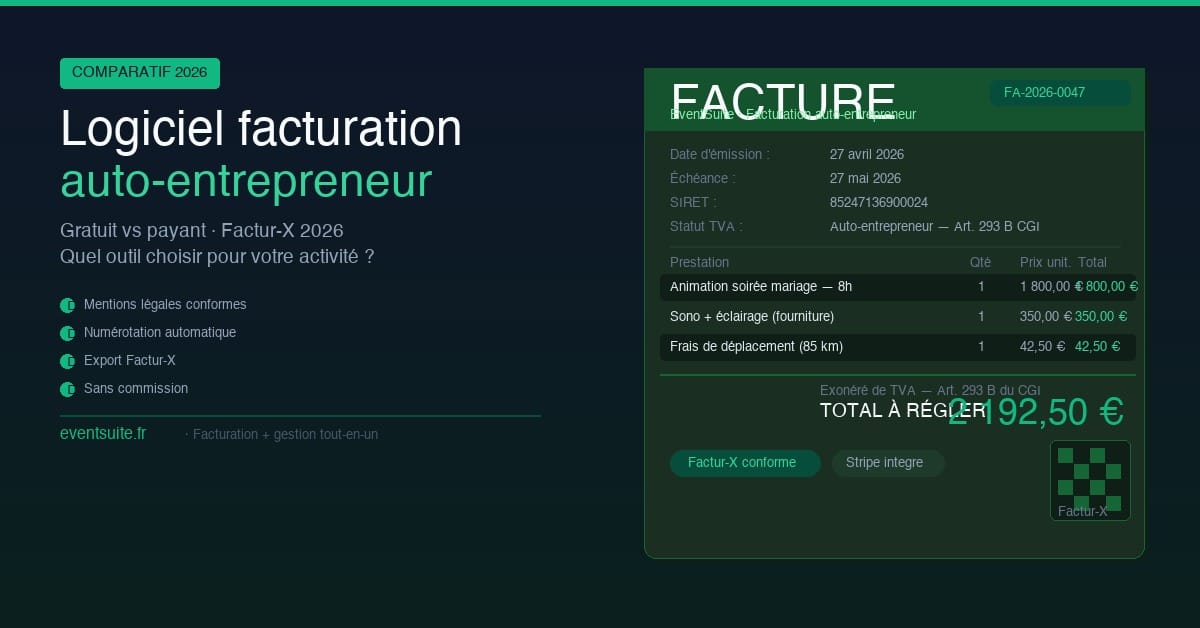 Logiciel facturation auto-entrepreneur 2026 — exemple de facture conforme Factur-X générée par EventSuite pour un DJ ou wedding planner indépendant