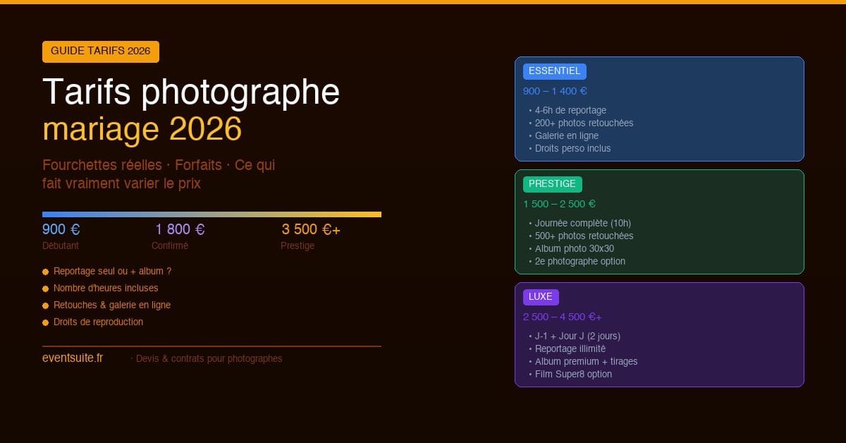 Tarifs photographe mariage 2026 — fourchettes de prix par forfait et région, guide complet pour couples et photographes indépendants