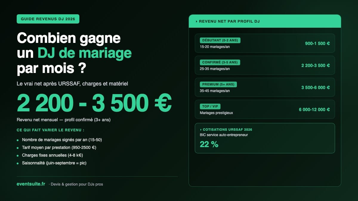 Revenus DJ mariage 2026 — calcul net mensuel par profil et palier