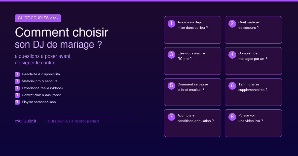 Comment choisir son DJ de mariage 2026 — les 8 questions essentielles à poser au prestataire avant de signer le contrat, guide EventSuite