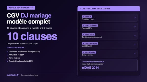 Modèle CGV DJ mariage 2026 — 10 clauses obligatoires + signature électronique