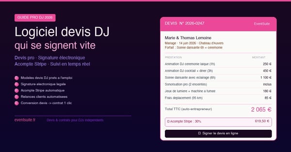 Logiciel devis DJ 2026 — exemple de devis professionnel signé en ligne avec acompte Stripe, guide EventSuite