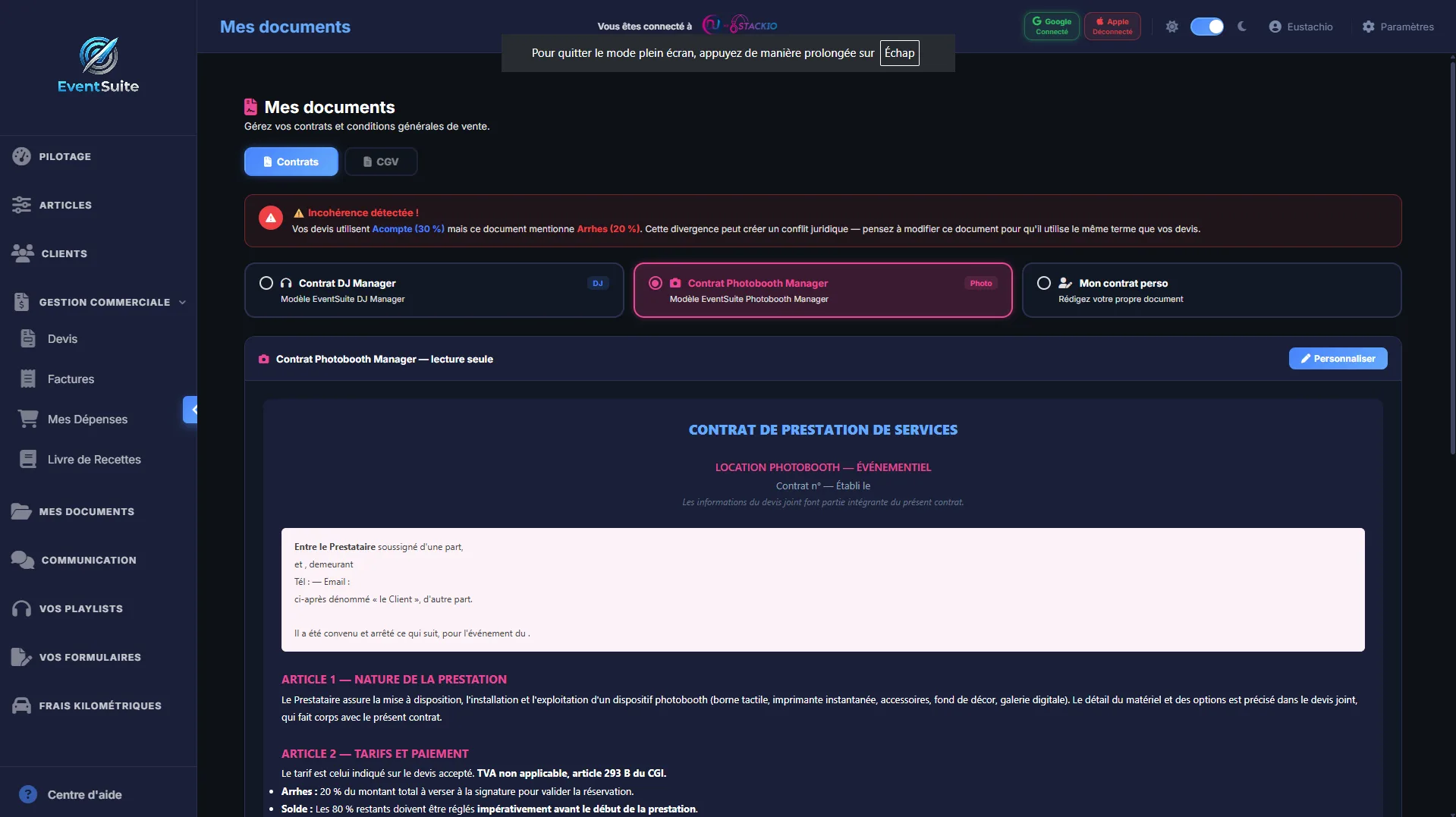 EventSuite — Contrats avec signature électronique eIDAS