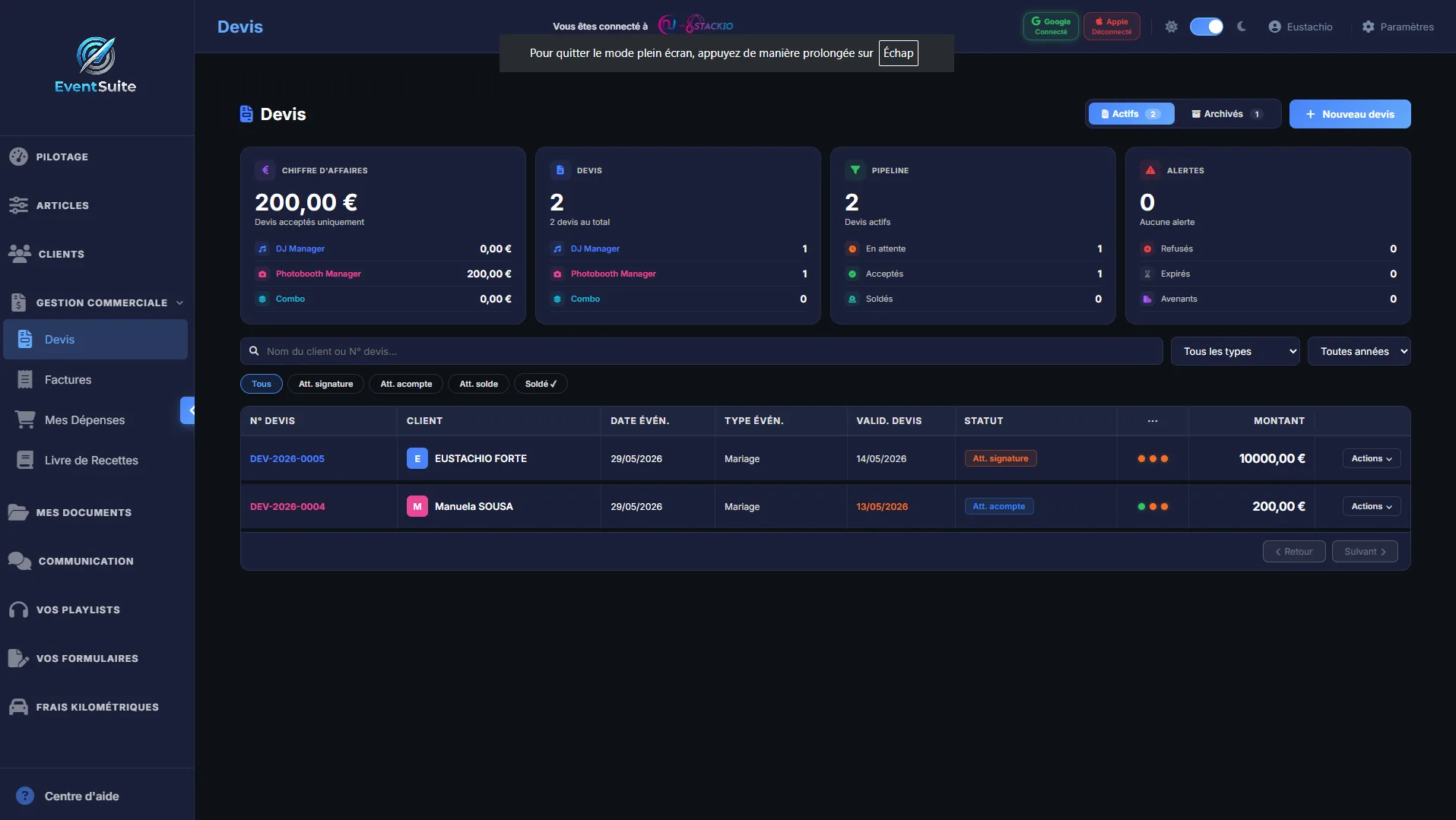 EventSuite — Gestion commerciale devis et factures