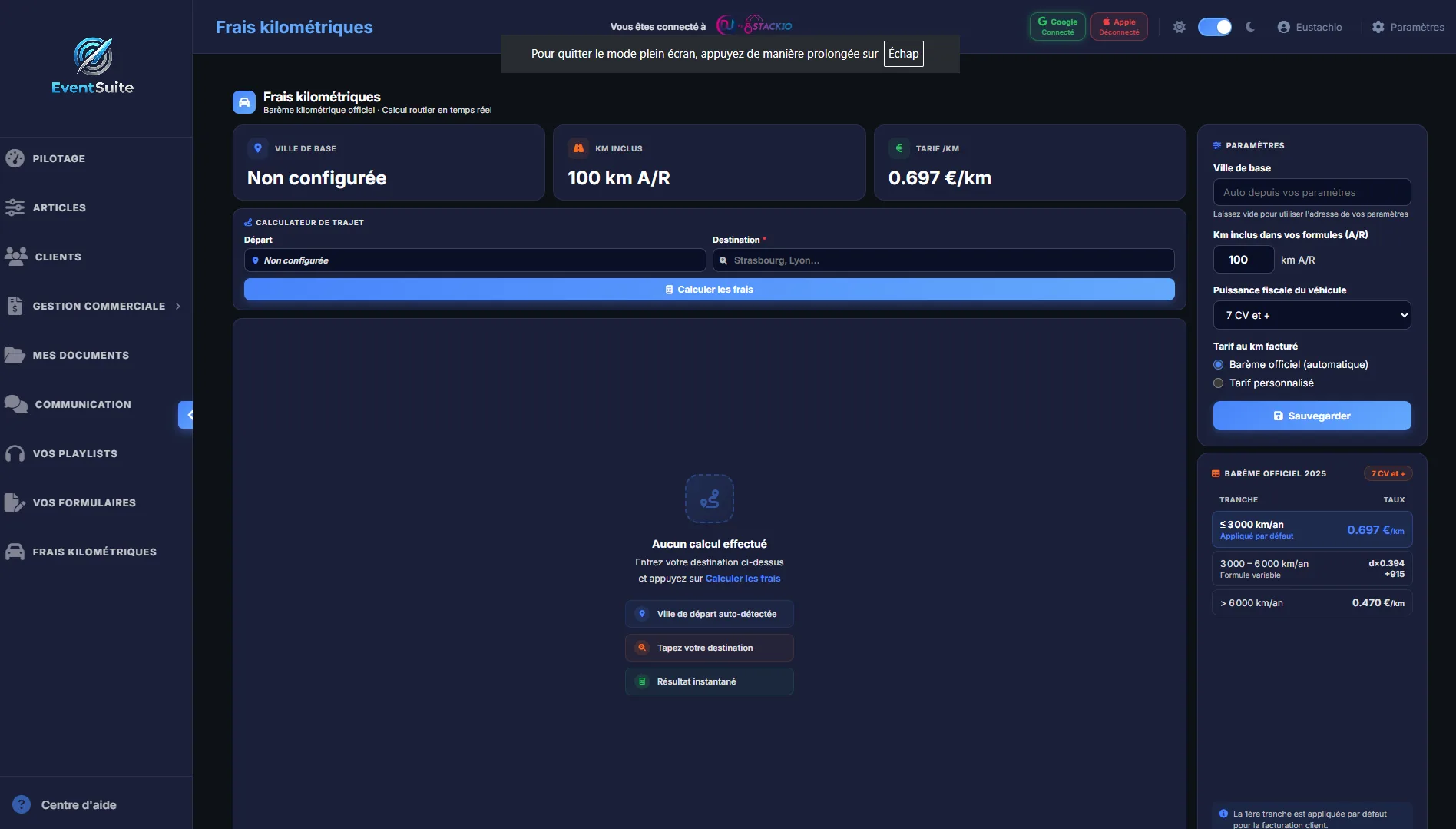 EventSuite — Calculateur de frais kilométriques