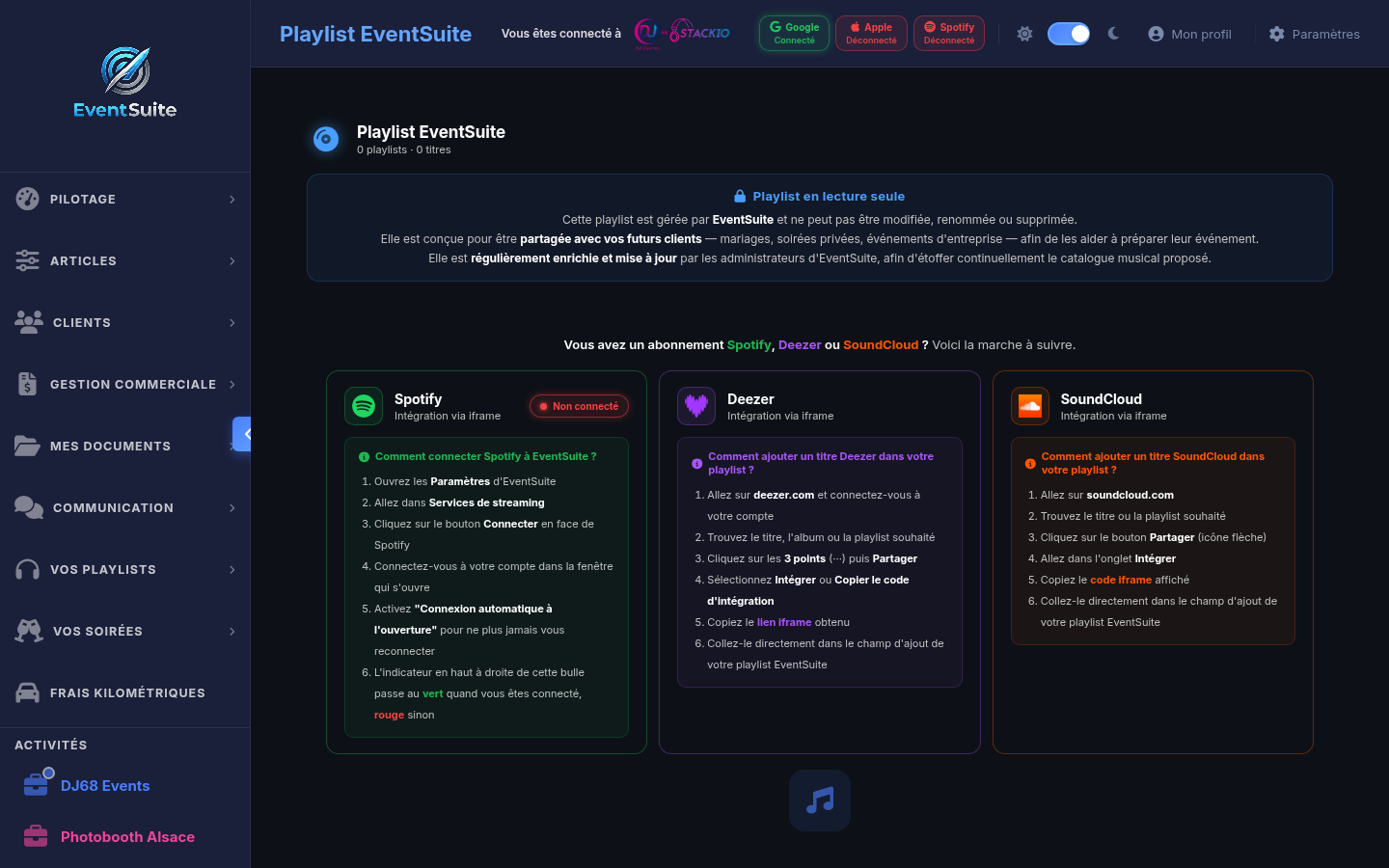 Playlist mariage partagée entre DJ et mariés — interface collaborative EventSuite avec intégration Spotify, Deezer et SoundCloud